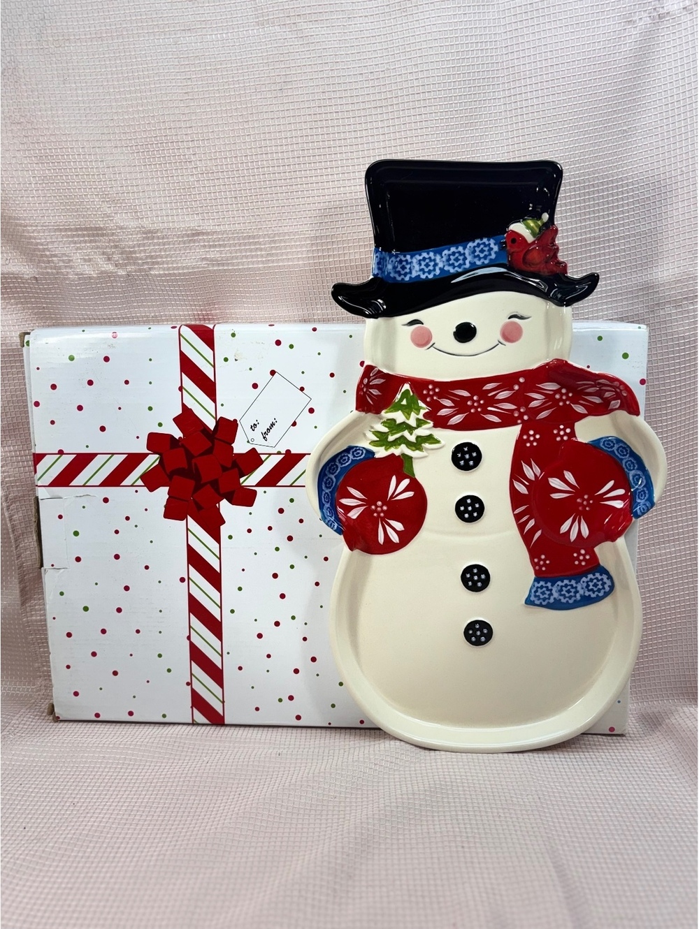 Temp-tations ceramic snowman serving platter featuring a cheerful snowman